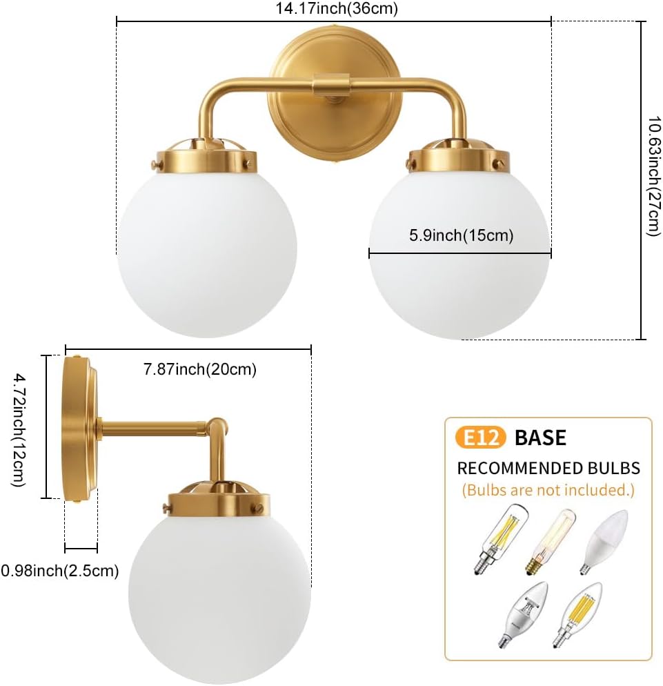 Deyidn Lámparas de tocador de baño sobre el espejo, 2 luces de latón dorado moderno iluminación de pared con pantallas de bola de vidrio lechoso,