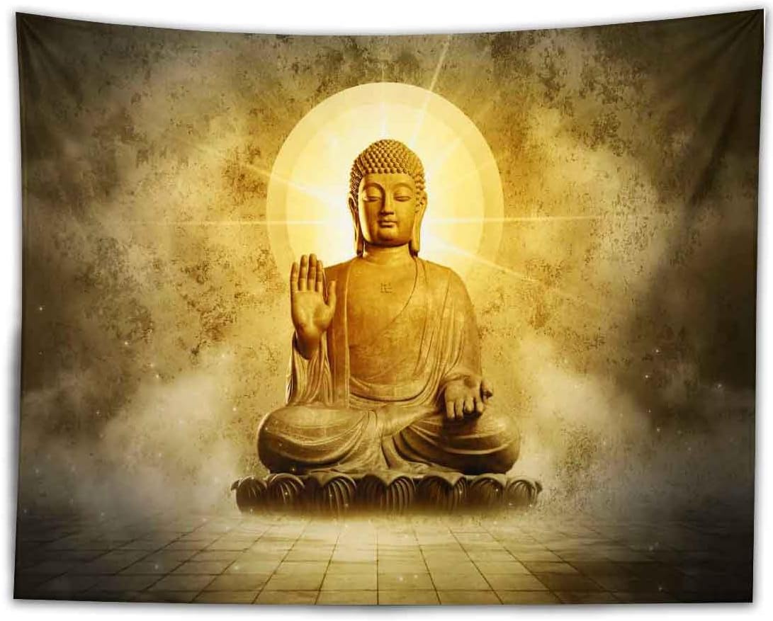 BULOR Tapiz de Buda sentado con luces doradas, tapiz de loto meditando zen, tapiz para colgar en la pared para niños, bebé, cumpleaños, dormitorio,