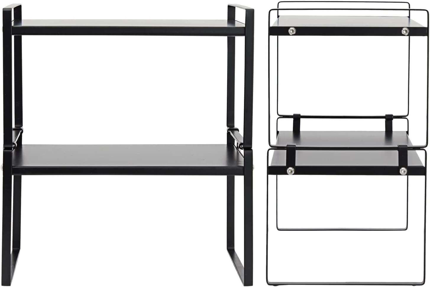 Juvale Paquete de 2 organizadores de estantes negros para gabinetes de cocina, estantes apilables para almacenamiento de cocina, elevador de metal
