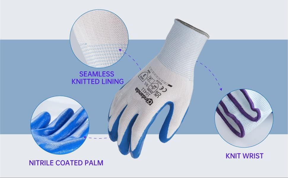 ANDANDA Guantes de trabajo de seguridad, guantes de trabajo de punto sin costuras con revestimiento de goma de nitrilo en la palma y los dedos para