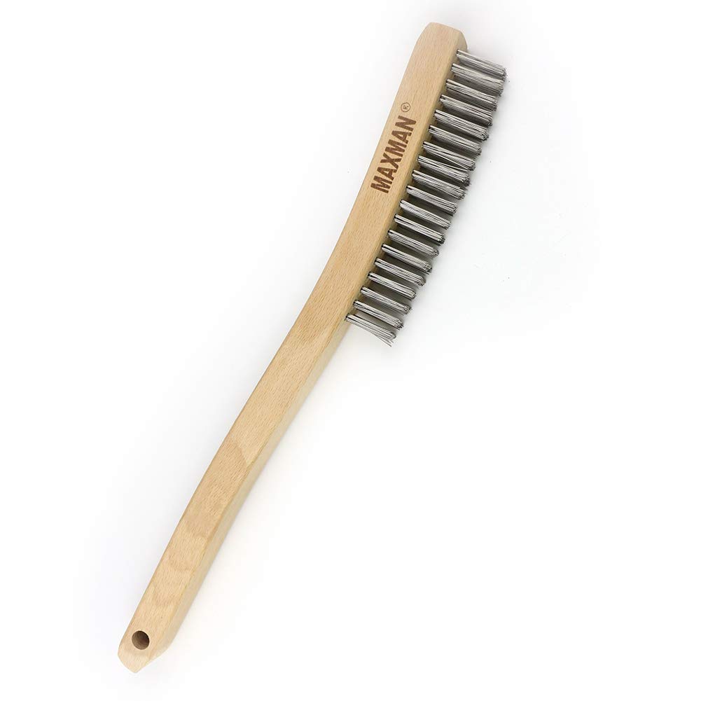 Cepillo de alambre, cepillo de alambre de acero inoxidable para limpiar el óxido con mango de madera de haya curvado de 14 pulgadas de largo, grande