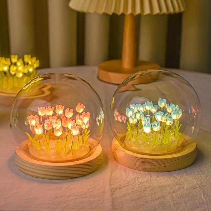 Luz nocturna de tulipán DIY, decoración de muebles hecha a mano, 13 flores, flores de simulación azul, lámpara de mesa para dormir, ornamento de