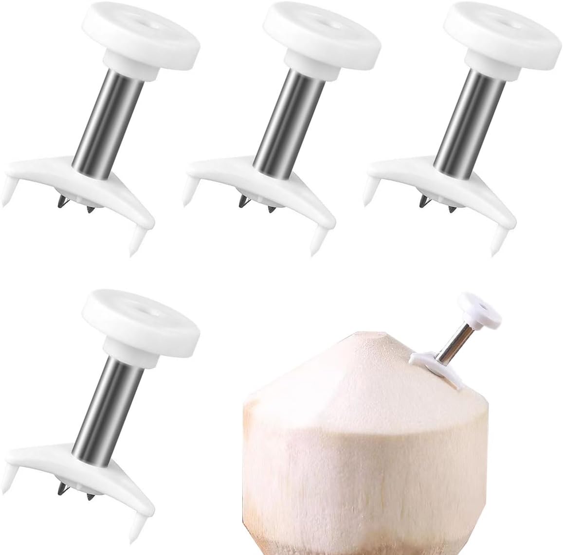 4 unids perforador de agujero de coco de acero inoxidable perforado de coco fácil y conveniente herramienta de apertura de coco con coco blanco