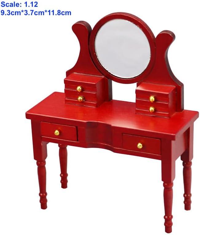 AirAds casa de muñecas a escala 112, muebles en miniatura, taburete rojo con espejo de tocador, juego de 2