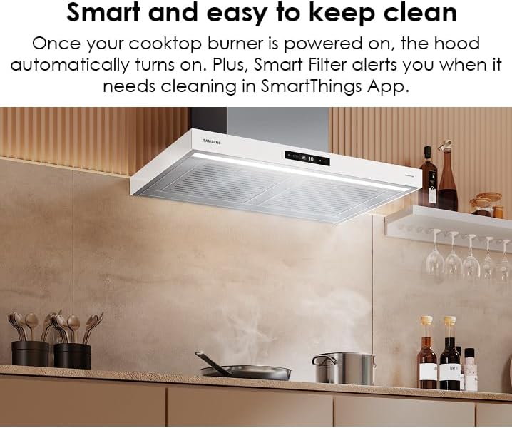 Samsung Campana inteligente de montaje en pared a medida, pantalla LCD y control táctil, sensor de aire triple, bajo ruido, WiFi conectado, carbón