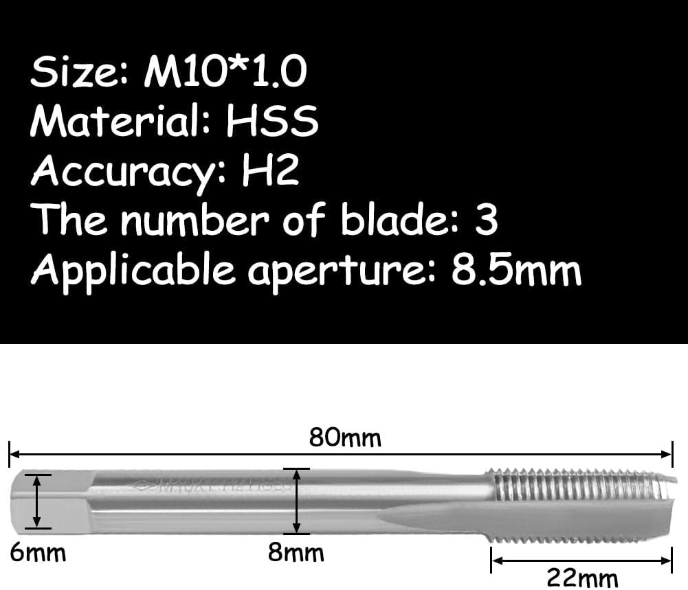Macho de rosca métrica, M10*1.0, Macho de rosca derecha para máquina, acero de alta velocidad (HSS), H2