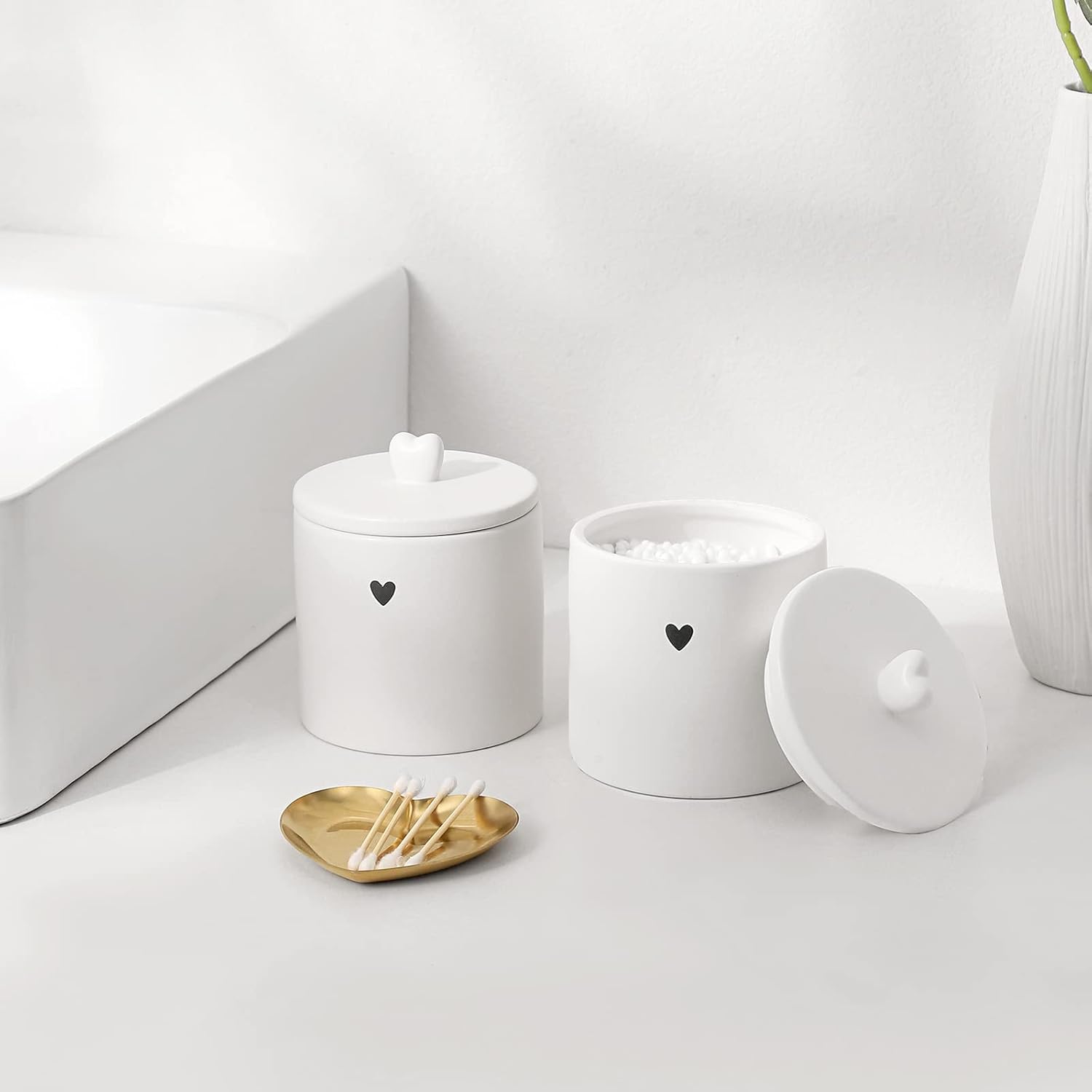 Paquete de 2 tarros de cerámica con tapas para boticario Qtip para decoración de baño, para bolas de algodón, hisopo de algodón, almohadilla de