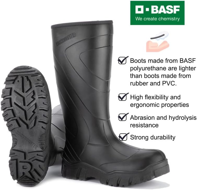ROCKROOSTER Wellingtons WS701 – Botas de lluvia impermeables de poliuretano de 15 pulgadas para hombre, antideslizantes, antifatiga, cómodas, con