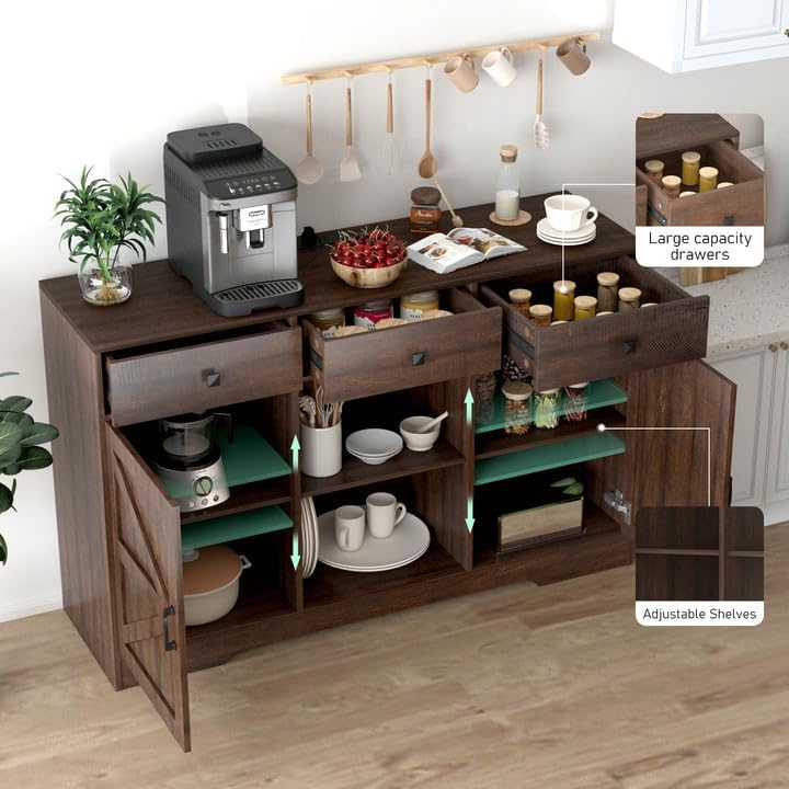 Armario de bar de café de granja, gabinete de almacenamiento de buffet de cocina de 54 pulgadas con puertas y cajones, aparador de granja, mesa de