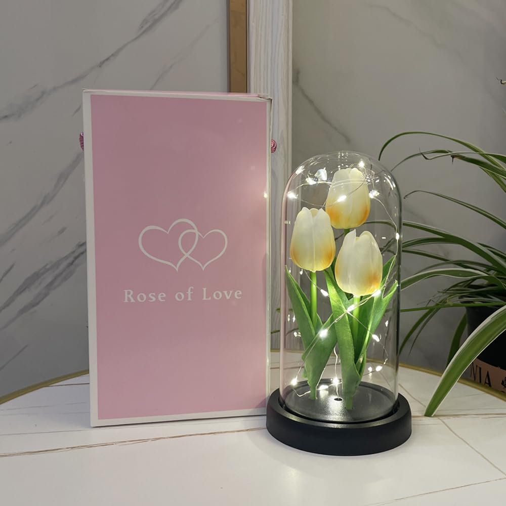 Lámpara LED de tulipán, luz nocturna de flores artificiales, hecha a mano, tulipanes iluminados en cúpula de cristal, lámpara de mesa, decoración de