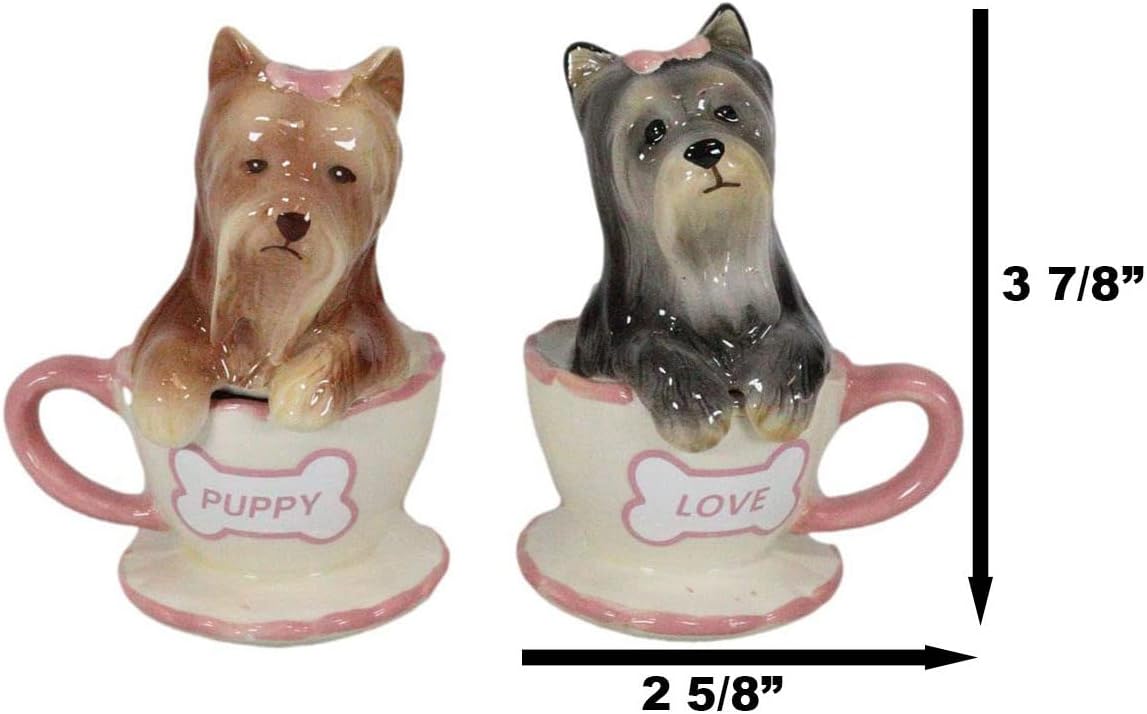 Ebros – Juego de salero y pimentero de cerámica de Yorkshire Terriers Yorkie de cerámica con tazas de té, juego de salero y pimentero, figuras de