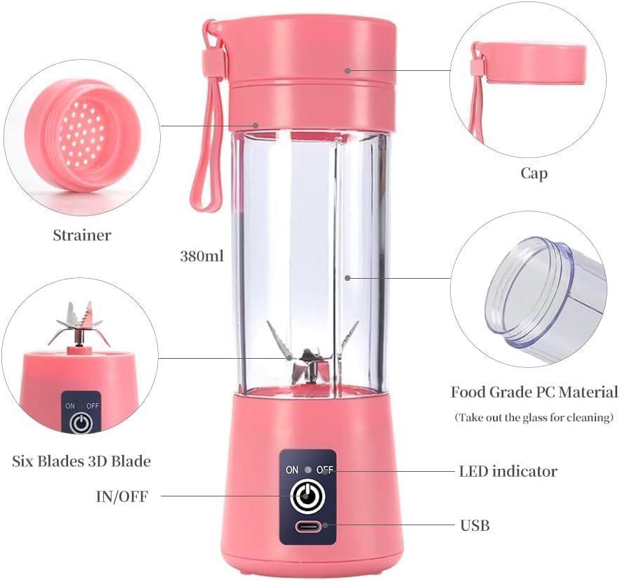 Licuadora portátil recargable por USB, mini licuadora eléctrica, tamaño de viaje para batidos, batidos, frutas, verduras, exprimidor, 13 onzas, seis