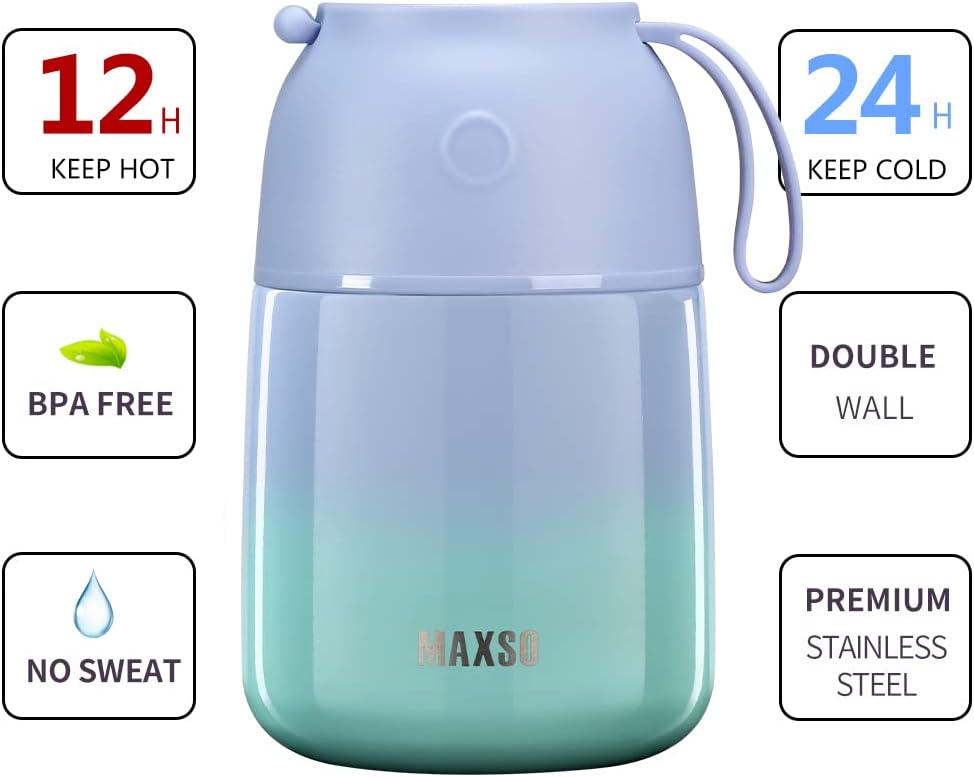 MAXSO Termo de sopa para alimentos fríos y calientes para adultos y niños, contenedor de almuerzo de acero aislado al vacío de 17 onzas con cuchara,