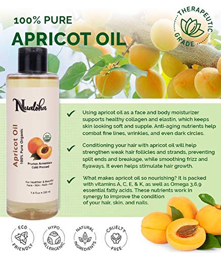 Aceite orgánico de albaricoque de 7.4 fl oz, aceite portador de albaricoque orgánico puro prensado en frío del USDA para piel, cabello, cara,