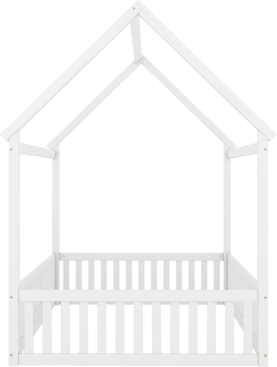 Marco de cama de casa para niños, cama Montessori de madera tamaño matrimonial con diseño de valla y puerta, cama de piso completo con rieles para