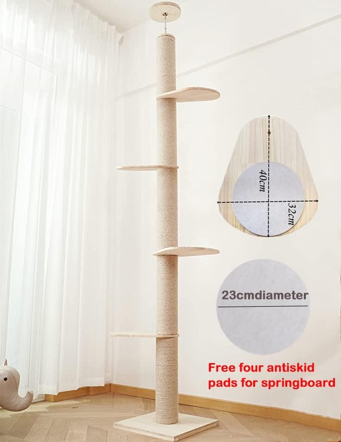 Torre de árbol de madera para gatos de piso a techo para gatitos y gatos grandes con postes rascadores de cuerda de sisal natural, altura de la base