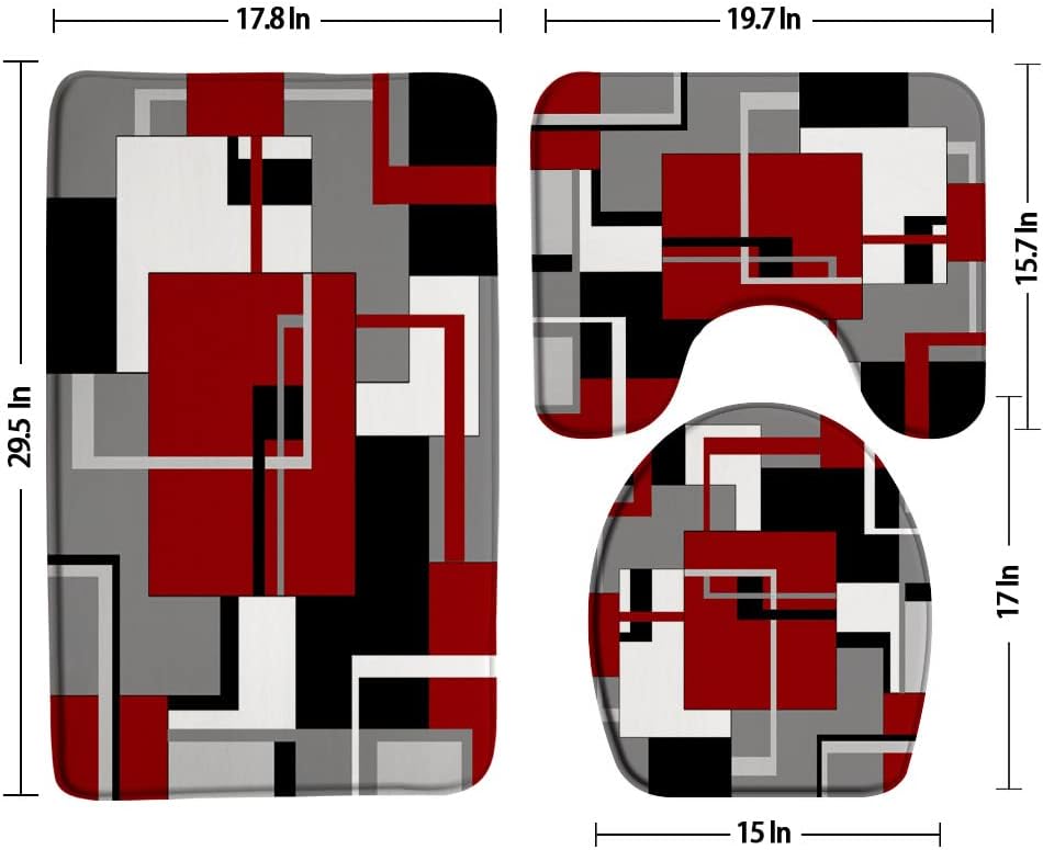 Juego de 3 alfombrillas de baño geométricas abstractas para baño, rojo, gris, negro, blanco, geométrico, cuadrados, contemporáneo, moderno, simple,