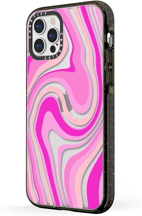 CASETiFY Impact Funda para iPhone 12 y iPhone 12 Pro, diseño de remolinos rosados, negro transparente