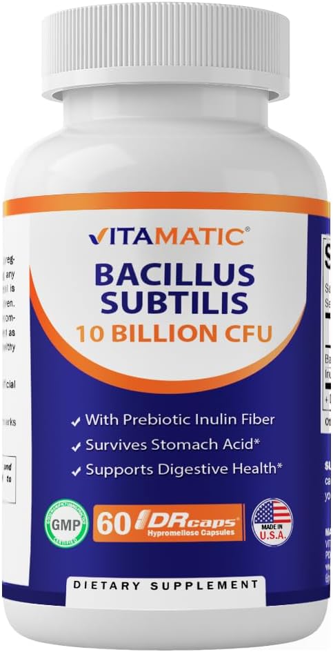 Vitamatic Bacillus Subtilis 10 mil millones por cápsula DR  60 unidades  Apoyo digestivo, intestinal e inmunitario  Fabricado con fibra de inulina