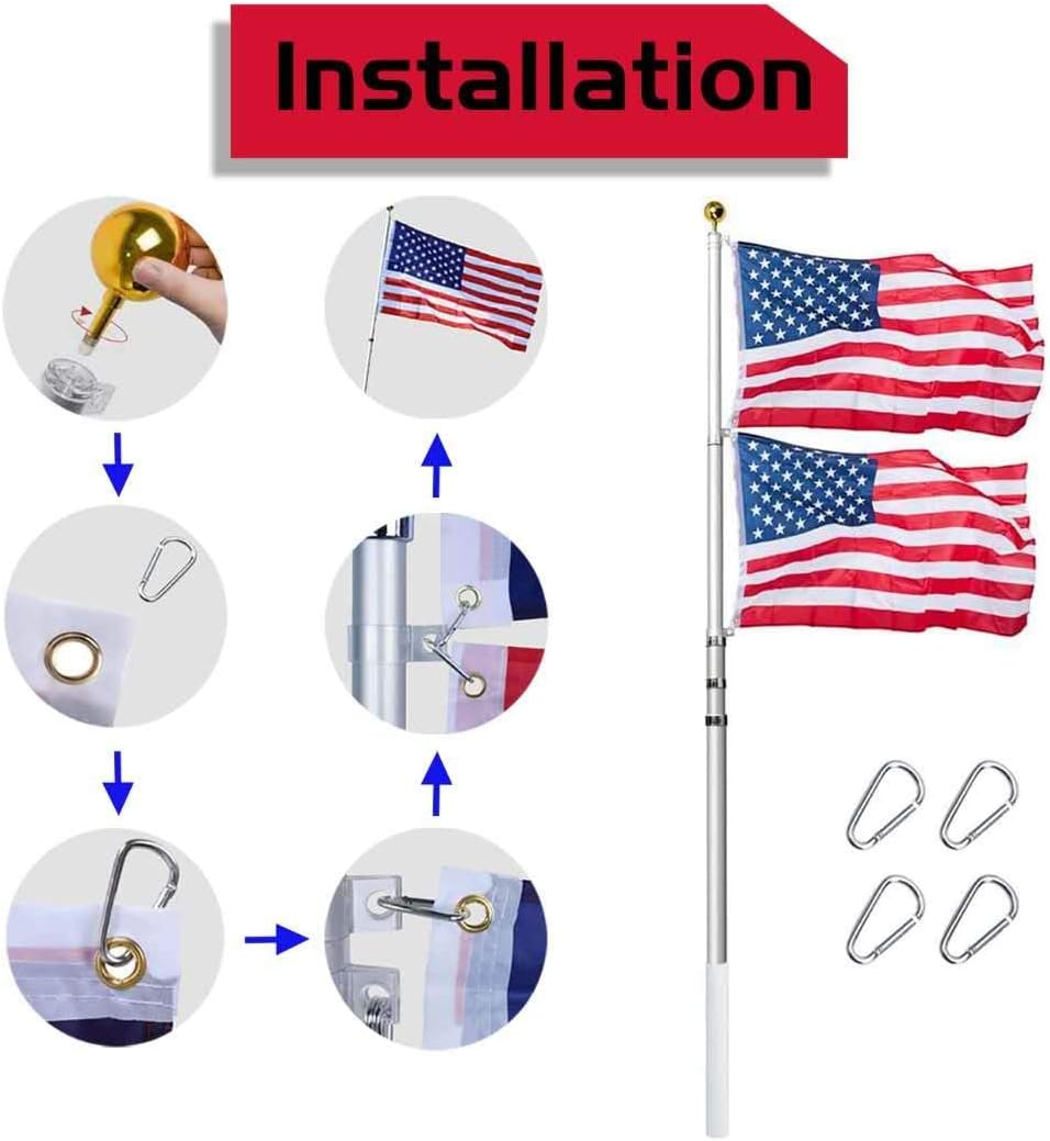 Kit de asta de bandera telescópica de 30 pies, de aluminio de calibre 16 resistente para exteriores con bandera de Estados Unidos de 3 x 5, para uso