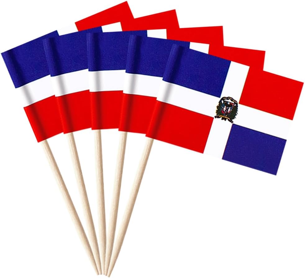 100 banderas dominicanas para palillos de dientes de República Dominicana, mini adornos para cupcakes dominicanos pequeños, banderas, banderines
