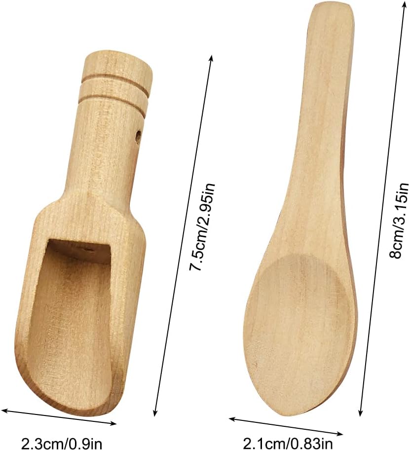 20 mini cucharas de madera, dos estilos y longitudes de mini cucharas se utilizan para condimentos, sal de baño, detergente en polvo, producción