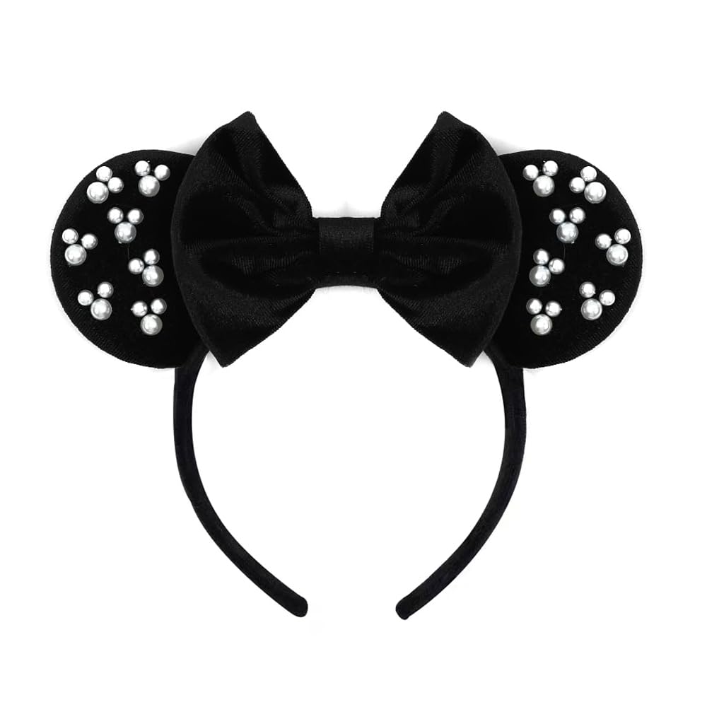 JIAHANG Diadema de terciopelo con orejas de ratón para el cabello, perlas negras, decoración de fiesta, disfraces, accesorios para el cabello para