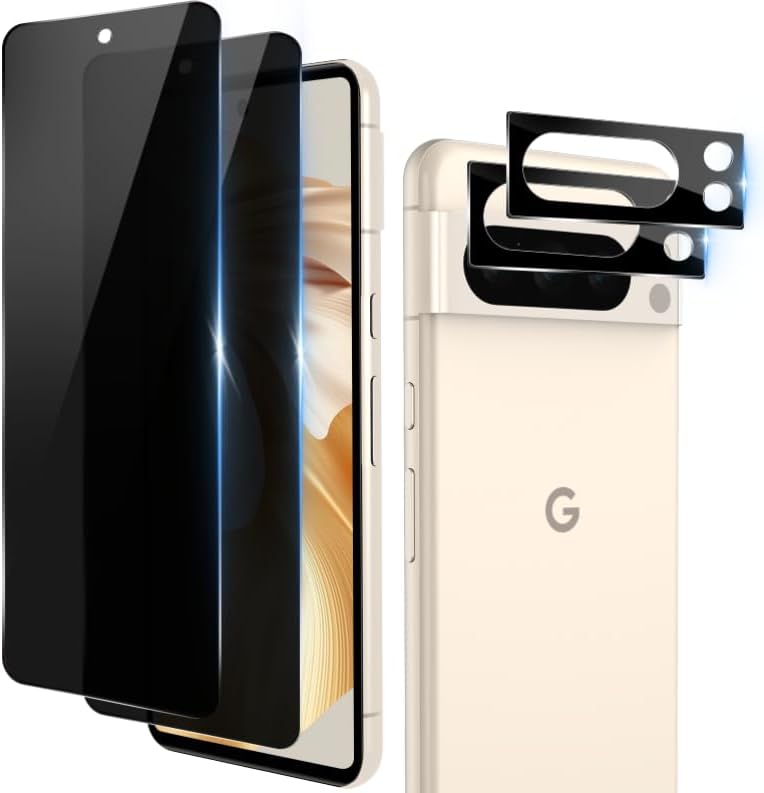 Paquete de 2+2 para Google Pixel 8 Pro, protector de pantalla de privacidad de vidrio templado y protector de lente de cámara transparente HD, para