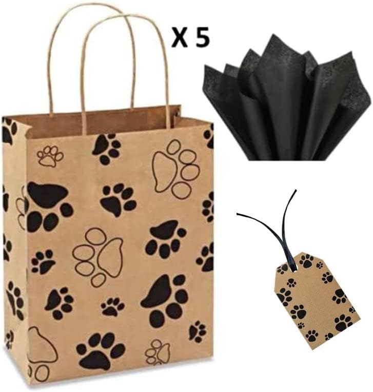 Chalkallaboutit Juego de 5 bolsas de regalo con estampado de huellas de pata con papel de seda (5) (Kraft con negro)