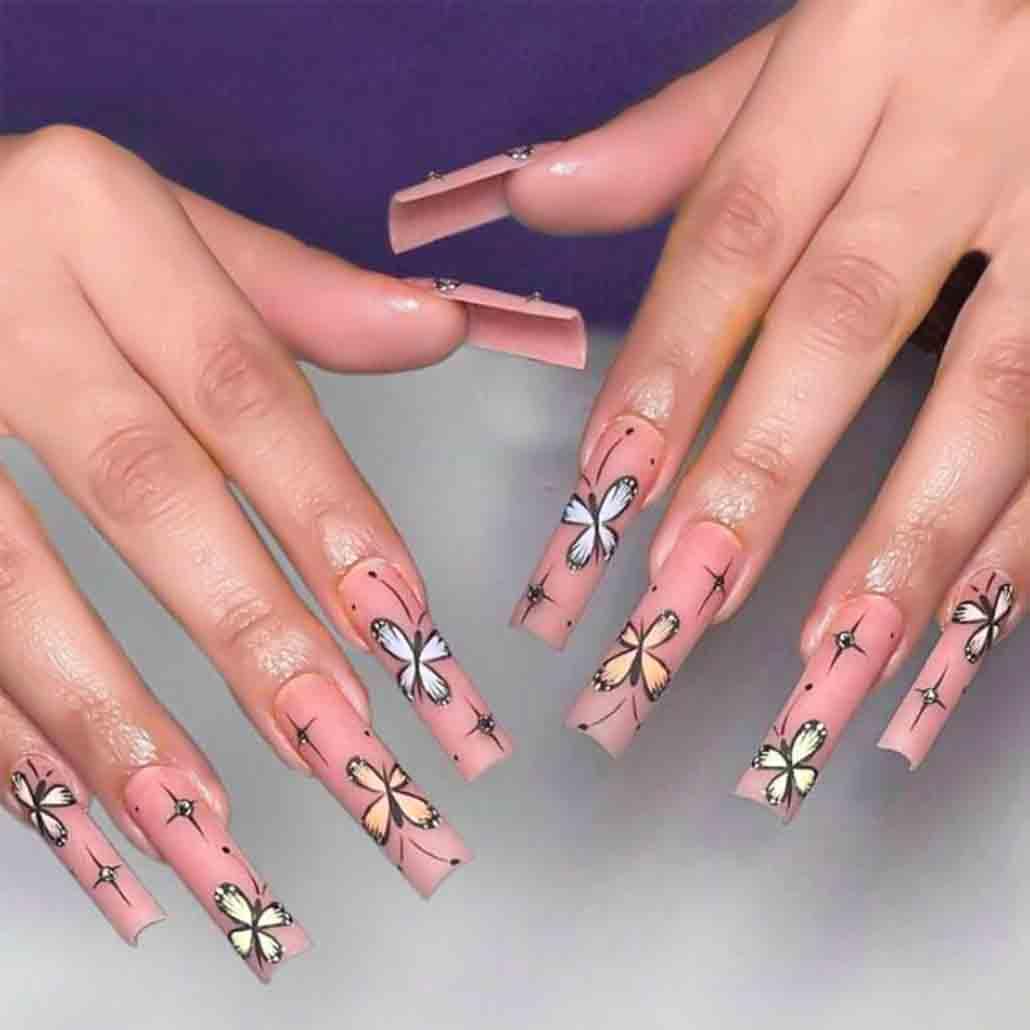 Foccna Uñas postizas largas a presión, color rosa, cuadradas, francesas, para verano, color morado, cobertura completa, con diamantes de imitación,