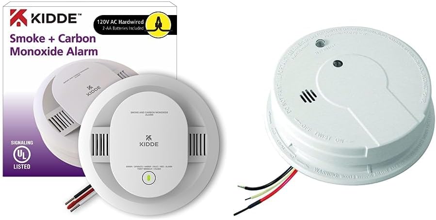 Kidde Detector de humo y monóxido de carbono cableado, respaldo de batería AA, detector de humo interconectable y cableado con batería de reserva de