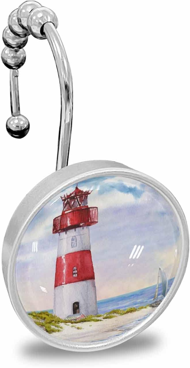 Juego de 12 ganchos para cortina de ducha, diseño retro de cristal de agua rojo y blanco, anillos de cortina de ducha para baño, decorativos de