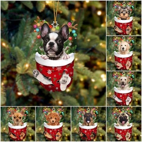 Adorno de Navidad personalizado para perro, Bulldog francés negro en bolsillo de nieve, adorno con forma de acrílico para perro, decoración de