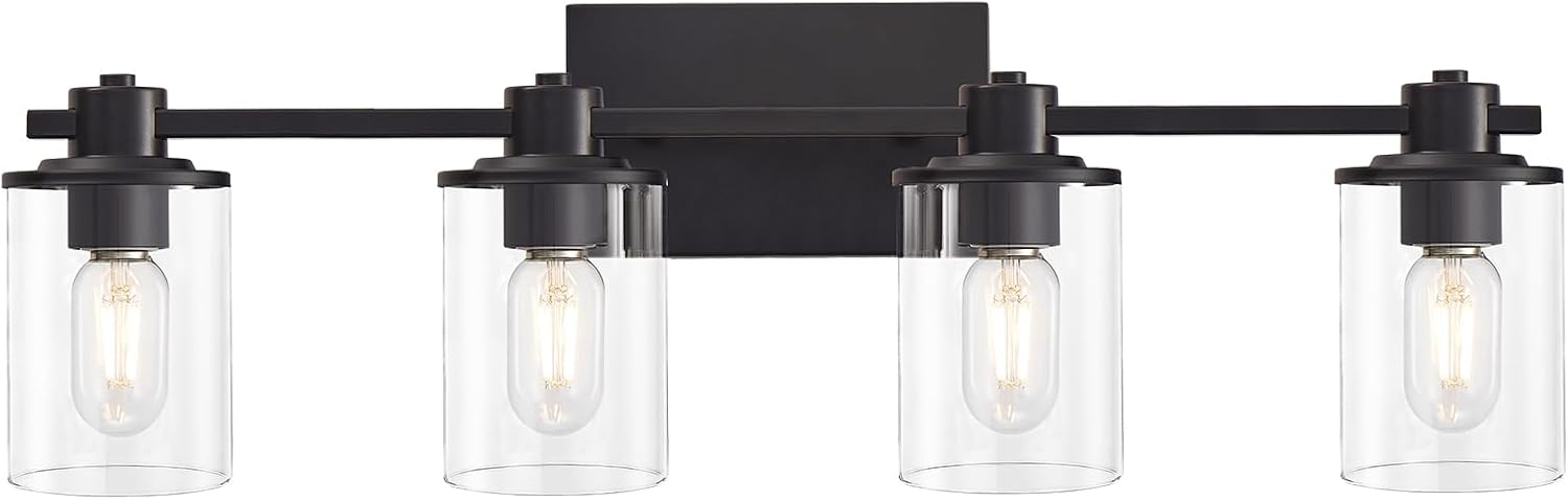 DUJAHMLAND Lámpara negra para tocador de baño, 4 luces, lámpara de tocador de baño sobre espejo, luz de tocador con pantalla de vidrio transparente,