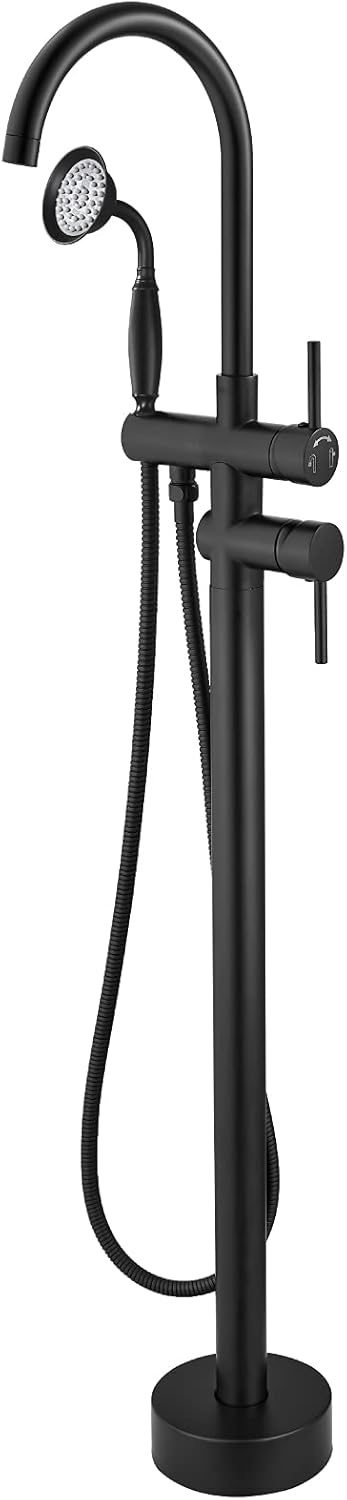 gotonovo Llenador de bañera independiente negro mate con ducha de mano de cerámica para montaje en el suelo, grifo de bañera de latón de alto flujo