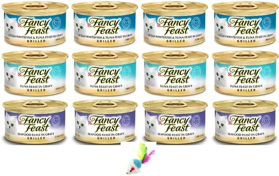 Fancy Feast – Paquete de comida húmeda para gatos a la parrilla, total 12 latas, 04 peces blancos del océano, 04 mariscos y 04 atún a la parrilla y