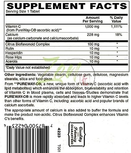 Vitamina C tamponada de 1000 mg, suplemento avanzado de vitamina C con Rose HIPS, complejo bioflavonoide y más, sistema de apoyo inmunológico y