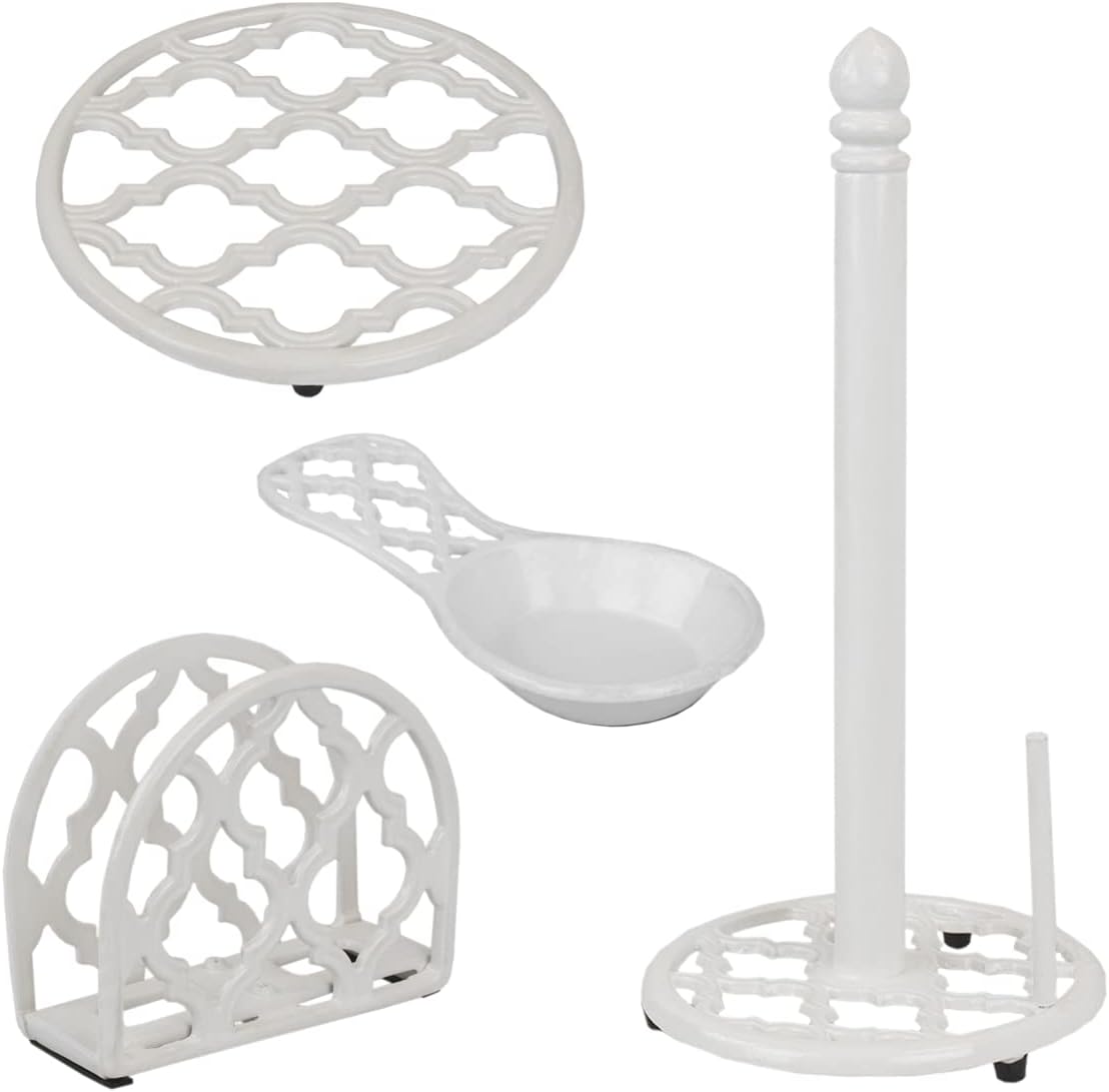 Home Basics – Paquete de utensilios de despensa de cocina de hierro fundido (juego de 4 piezas) color blanco, incluye soporte para toallas de papel,