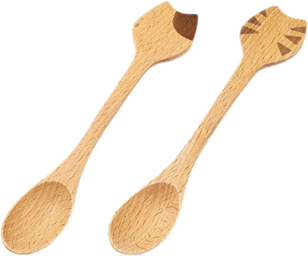 Cucharas de cocina de bambú para gatos, 2 cucharas de café de madera, lindas cucharas de sopa, cucharadita de madera para café, té, mermelada,