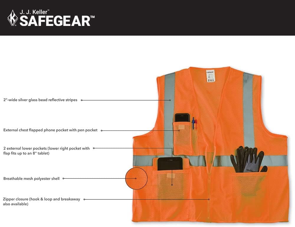 J. J. Keller & Associates, Inc. Chaleco de seguridad de alta visibilidad, tipo R Clase 2, paquete de 5, SAFEGEAR