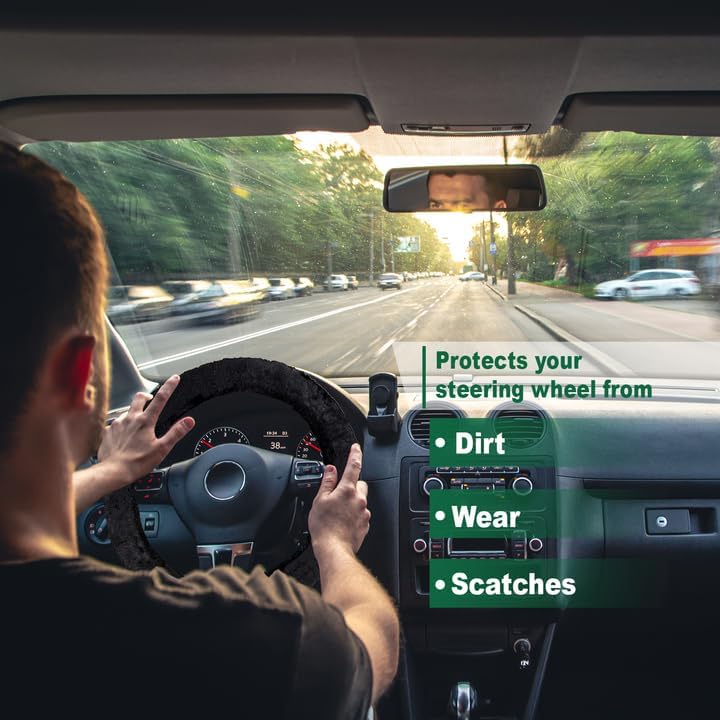 Zone Tech – Funda para volante de piel de oveja negra y almohadilla para cinturón de seguridad, funda elástica para volante de piel de oveja, color