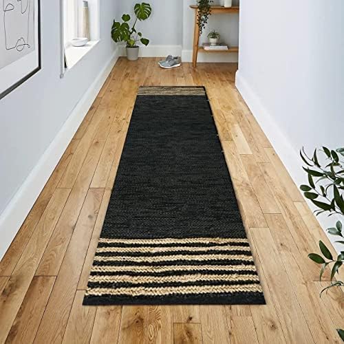GRUHUM Alfombra rectangular de yute de 2 pies 6 x 14 pies, de fibra natural, color negro, rectangular, de cuero, tejida a mano, estilo bohemio,