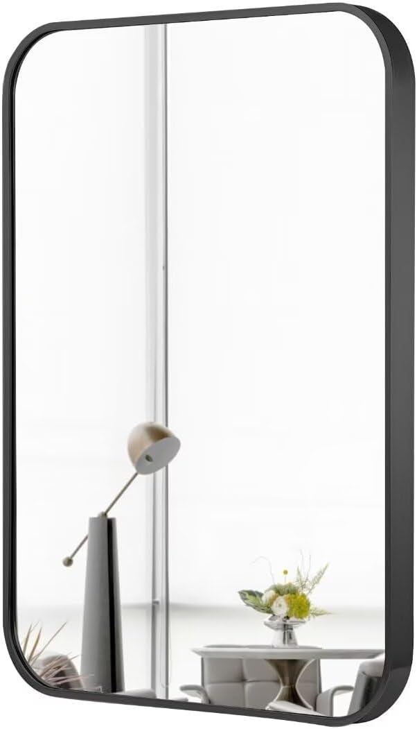 Espejo de tocador negro para baño sobre el fregadero, espejo enmarcado de aluminio montado en la pared para dormitorio, baño, esquina, moderno