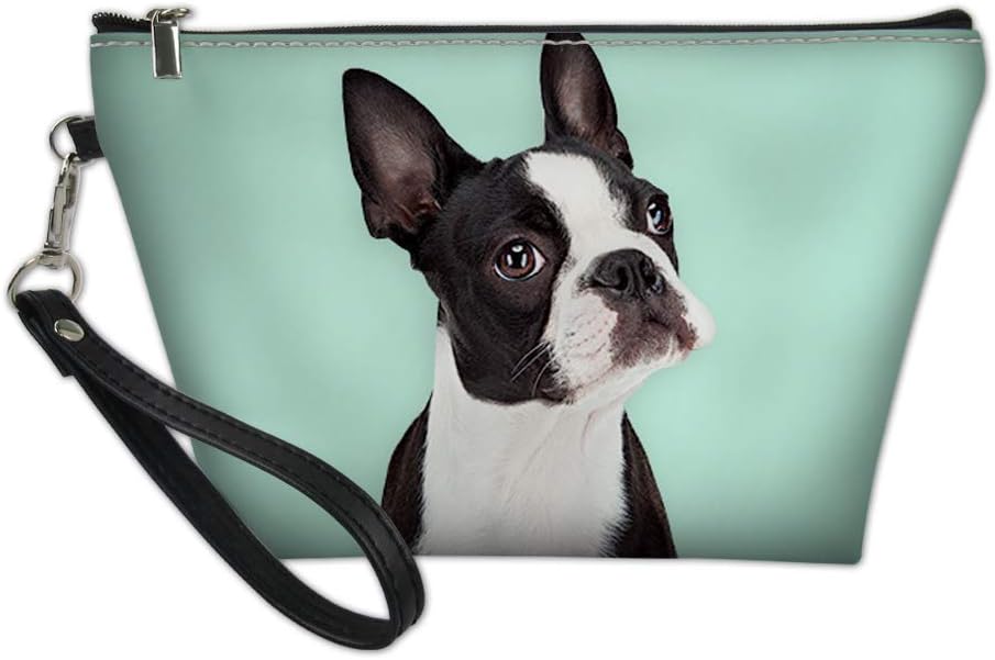 AFPANQZ Boston Terrier Bolsa de maquillaje con cremallera Bolsa de cosméticos de piel sintética para mujer con correa extraíble Neceser Tren Bolsa