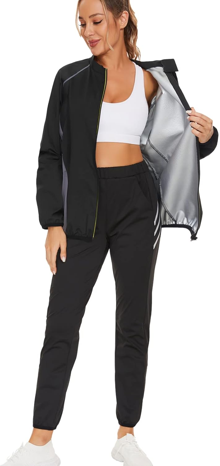 NINGMI Traje de sauna para mujer, chaquetas de sudor, camisa de entrenamiento de manga larga, parte superior adelgazante con cremallera, moldeador