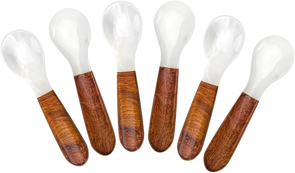 DUEBEL Juego de 6 cucharas de caviar de mango de madera, cucharas de nácar de 4 pulgadas para servir caviar, servir huevos, deroración de catering