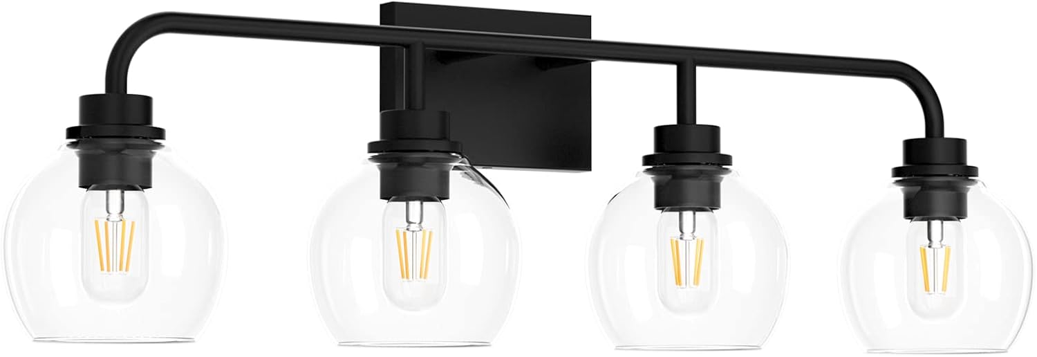 Tipace Lámparas industriales para tocador de baño, 4 luces, acabado negro vintage con globo de vidrio transparente, iluminación de baño de granja
