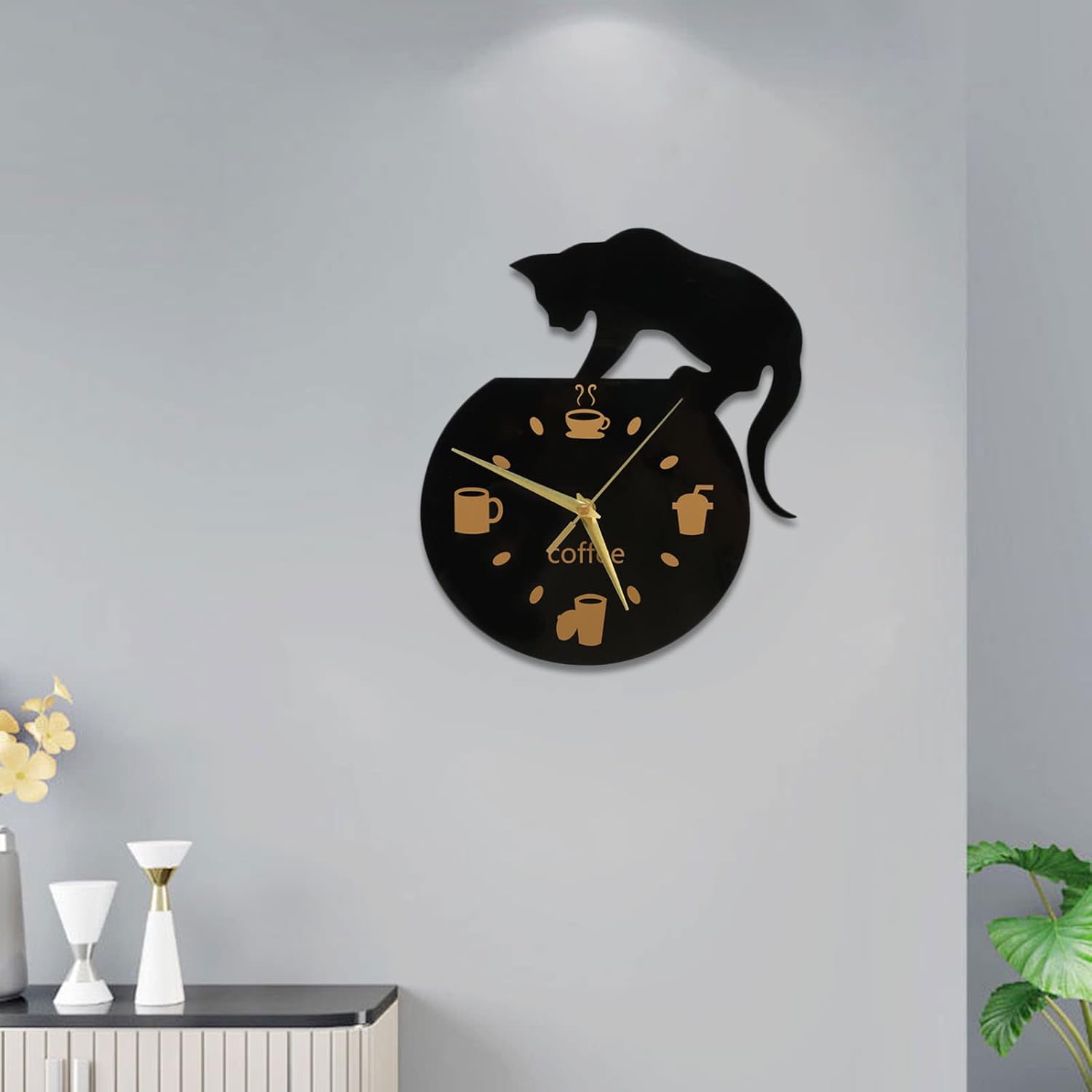 GLOGLOW Reloj de pared de cocina, reloj de pared 3D, movimiento silencioso, café, gato, sin marco, diseño para oficina, dormitorio, dormitorio