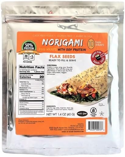 Norigami Envolturas de huevo con proteína de soja, semillas de lino. Altas proteínas, bajas en carbohidratos, vegetarianas. Envolturas finas y