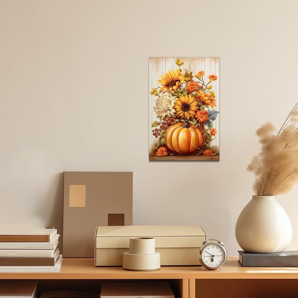 QIXIANG Lienzo decorativo de otoño para pared, diseño de calabaza y girasol, pintura del día de Acción de Gracias, lienzo de cosecha de otoño, marco